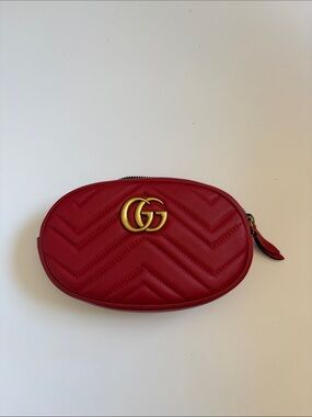 Gucci Red Quilted GG Marmont Oval Mini Bag with Gold Hardware